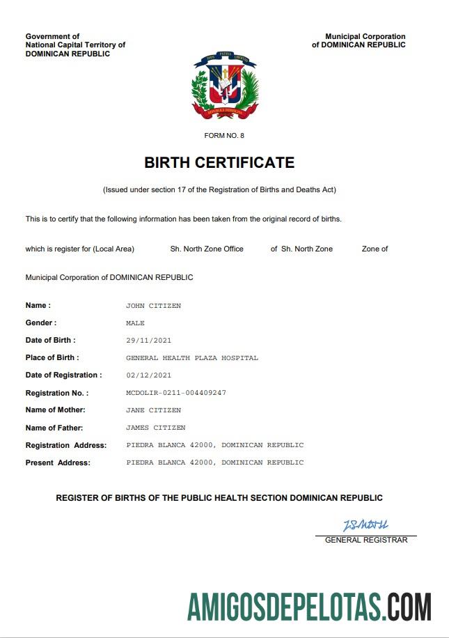 Imprimível modelo Word e PDF de certidão de nascimento da República Dominicana